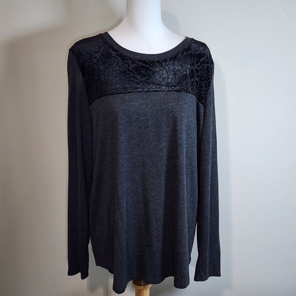 Velvet Burnout Long Sleeve Top Womens XL Gray Flocked Floral Goth Romantic Alt